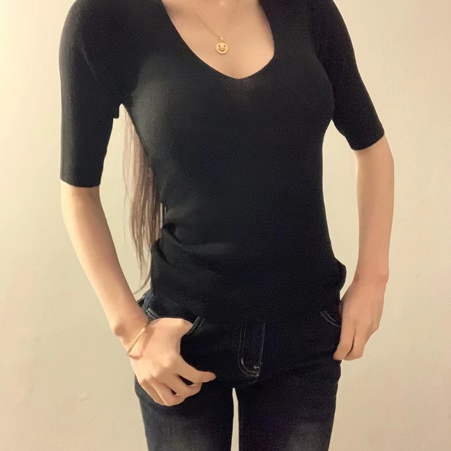 순수한 욕망 V넥 몸매 가꾸기 5 점 소매 짠 셔츠 여성 한 부서 아름다운 자이언트 잘 생긴 ~ 중 기본 셔츠 이른 봄 품격 맨위
