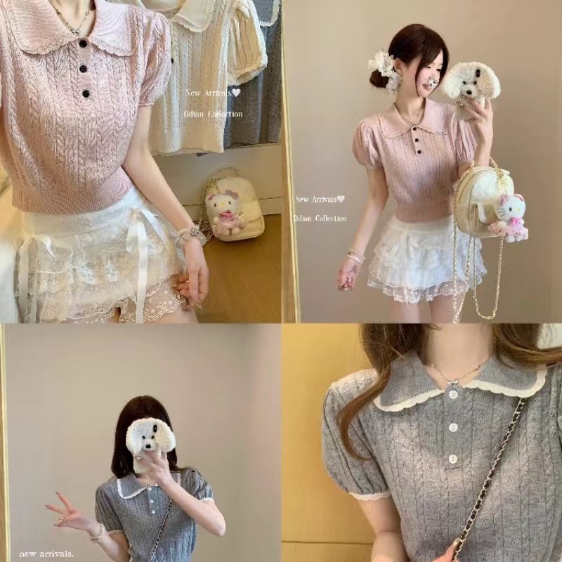 단색 베이비 칼라 꽈배기 거품 소매 니트 스웨터 여성 여름 2026 새로운 허리 수축 다용도 쇼트 스타일 인사이드 가져 가라. 반팔