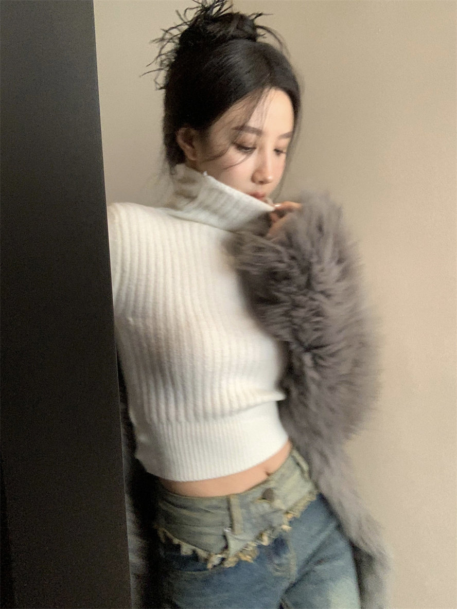 디자인 센스 작은 대중 레트로 니트 스웨터 여성 새로운 여름 반하이넥 반팔 만나는 가을 몸매 가꾸기 쇼트 스타일 맨위 트렌디