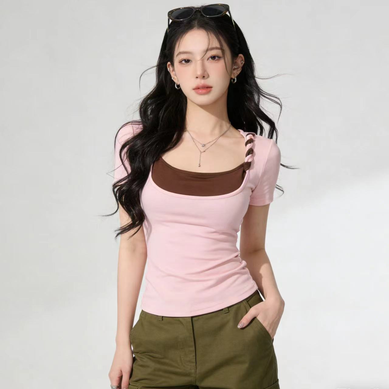 여름 새로운 되돌리기 하트 매듭 순수한 욕망 배색 비틀림 기본 셔츠 페이크 레이어드 반팔 몸매 가꾸기 맨위