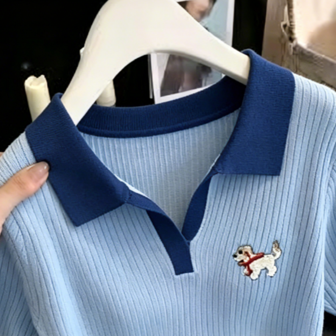 슈퍼 잘 생긴 파란색 POLO 칼라 얼음 실크 니트 2026 여름 맨위 디자인 센스 자수 강아지 반팔 티셔츠 여성