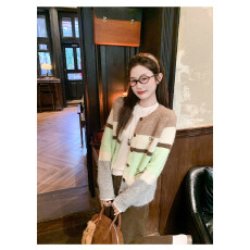 批发韩系撞色条纹毛衣<b class='q'>开衫</b>女秋冬季宽松慵懒针织外套上衣加厚