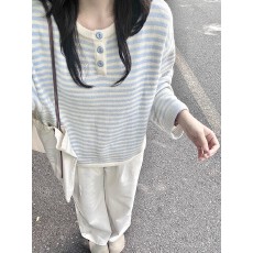 批发法式蓝色条纹半开领正肩长袖针织衫女早秋慵懒松弛感宽松软糯上衣
