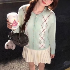 批发韩系<b class='q'>圆领</b>宽松长袖菱形提花<b class='q'>针织</b><b class='q'>开衫</b>女2026早秋新款百搭显瘦上衣
