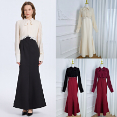 批发时尚重工精品工艺压褶手工钉珠多色拼接礼服鱼尾裙