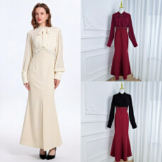 批发时尚重工精品工艺压褶手工钉珠多色<b class='q'>拼接</b>礼服鱼尾裙