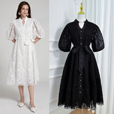 批发实拍重工法式刺绣纯色大版系腰带V领气质<b class='q'>连衣裙</b>