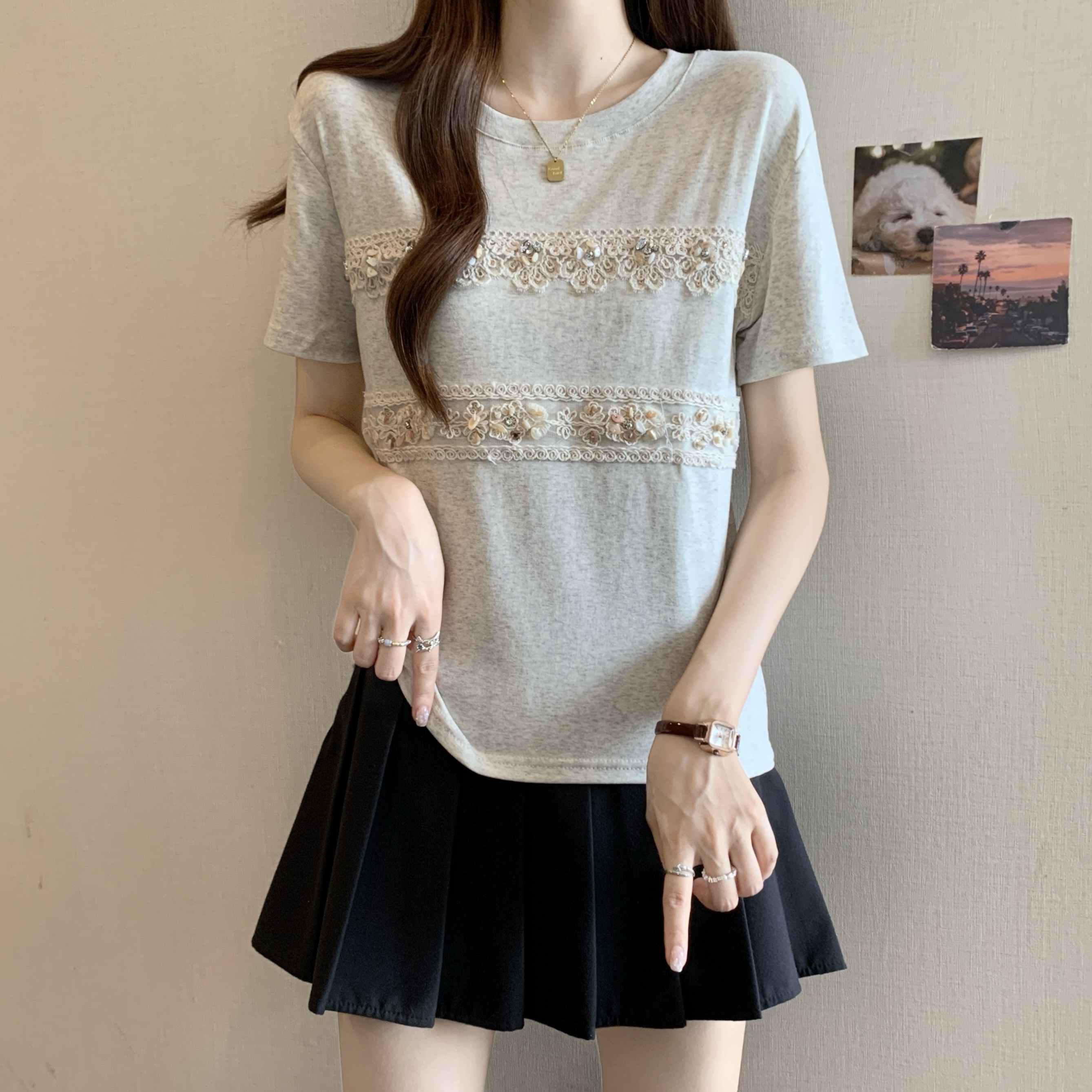 FA34397# 大码女装短袖T恤女夏季新款绣花上衣重工亮片百搭小衫 服裝批發女裝批發服飾貨源