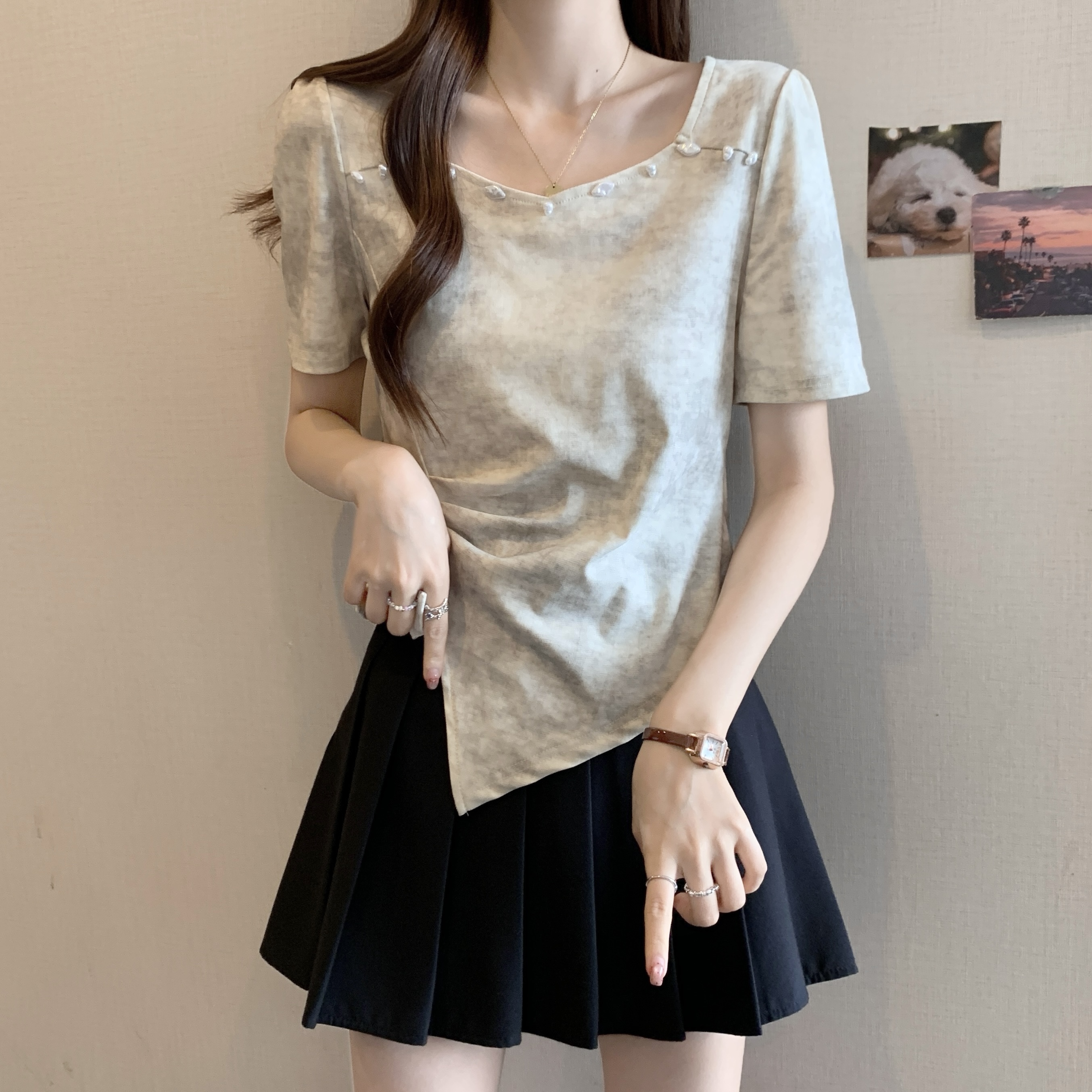 FA34398# 大码女装染色短袖T恤女夏季新款设计感钉珠百搭上衣 服裝批發女裝批發服飾貨源