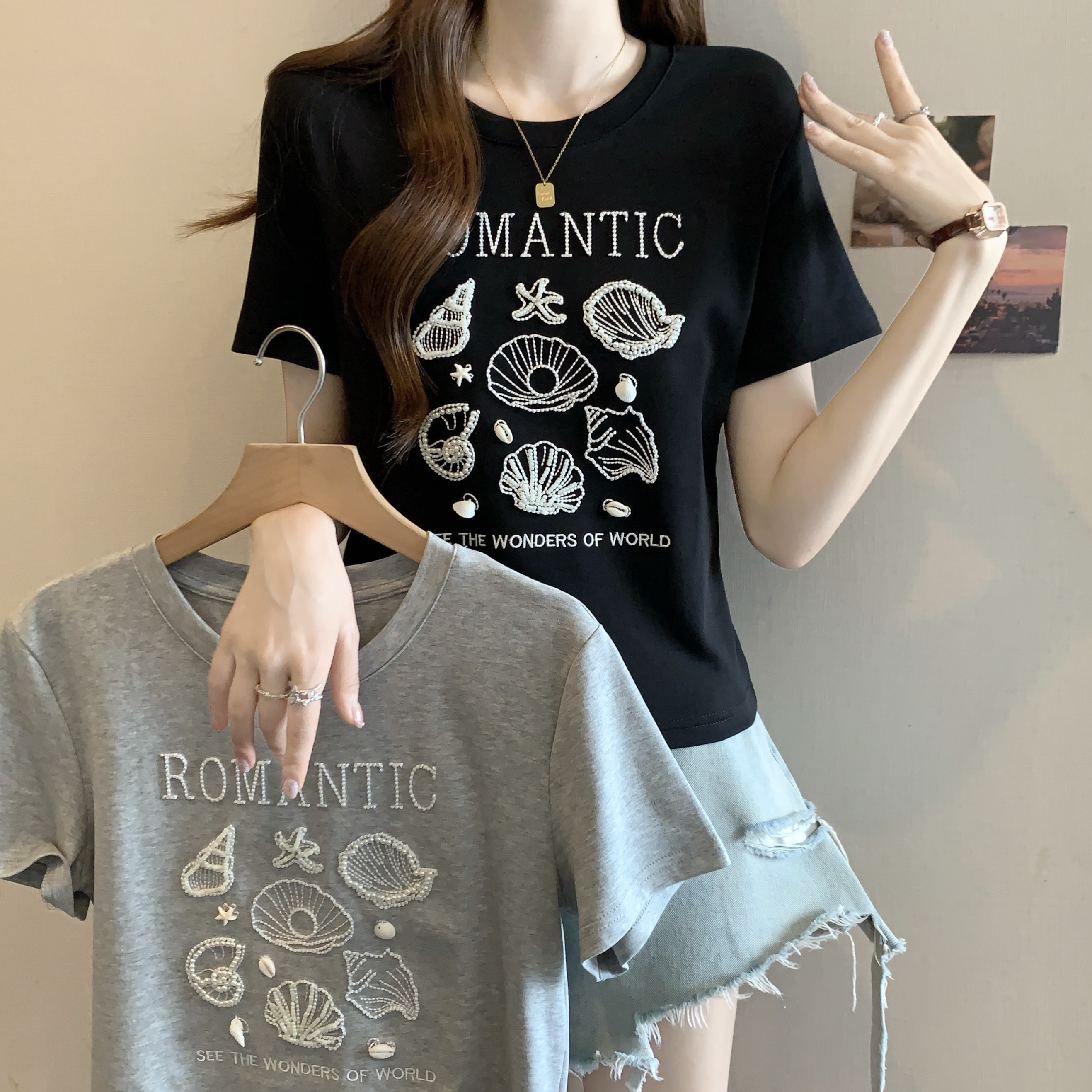 FA34396# 大码女装短袖T恤女夏季新款重工珍珠刺绣贝壳设计感上衣 服裝批發女裝批發服飾貨源