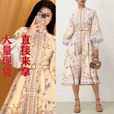 批发澳洲新品复古印花<b class='q'>亚麻</b>花卉图案单排系扣灯笼袖中长款<b class='q'>连衣裙</b>+腰带