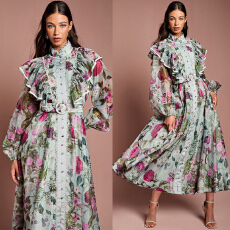 批发<b class='q'>欧美</b>英国小众复古宫廷风荷叶边<b class='q'>连衣裙</b>灯笼袖遮肉A字裙印花裙长裙