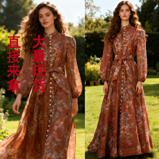 批发<b class='q'>欧美</b>大裙摆收腰长袖订钻小立领<b class='q'>连衣裙</b>印花度假拍照裙子系腰带女裙