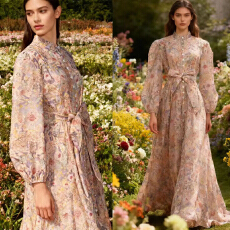 批发欧美大裙摆收腰显瘦灯笼袖订钻小立领连衣裙印花度假拍照裙子长裙