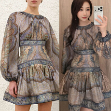 批发澳洲2026春夏新款复古织锦花纹蓝色印花迷你连衣裙灯笼袖收腰短裙