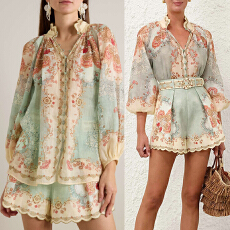 批发澳洲新款2026早春休闲风度假单排扣<b class='q'>印花</b>上衣阔腿<b class='q'>短裤</b>套装+腰带