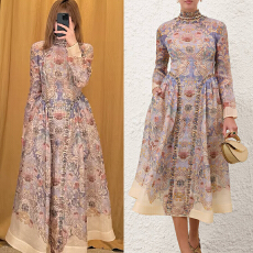 批发澳洲轻奢高定<b class='q'>走</b><b class='q'>秀</b><b class='q'>款</b>重工钉珠丝麻花卉图案印花立领长袖蓬蓬连衣裙