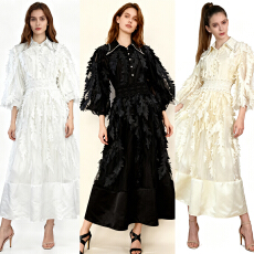 批发欧美高级设计网纱拼接蕾丝灯笼袖收腰显瘦优雅大摆礼服连衣<b class='q'>长裙</b>