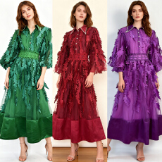 批发法式复古宫廷风<b class='q'>连衣裙</b>女钉钻翻领灯笼袖立体花朵大摆网纱<b class='q'>长裙</b>