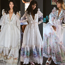 批发新款复古<b class='q'>宫廷</b>风修身长裙春夏V领耸肩印花系带收腰<b class='q'>连衣裙</b>长袖A字裙