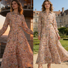 批发欧美优雅气质复古印花翻领单排扣连衣裙大摆衬衫长裙搭链条腰带