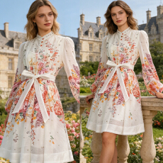 批发澳洲2026新款法式优雅名媛风立领<b class='q'>灯笼</b>袖单排扣重工钉钻连衣<b class='q'>裙</b>短<b class='q'>裙</b>