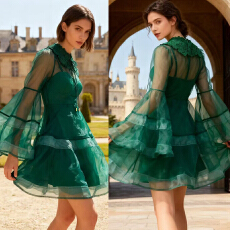 批发澳洲高定新款红色喇叭袖<b class='q'>欧根纱</b>Rebellion宽袖拼接礼服<b class='q'>连衣裙</b>短裙