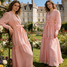 批发法式浪漫优雅宫廷风高级感重工<b class='q'>蕾丝</b>拼边钉珠<b class='q'>西装</b>领连衣裙大摆长裙