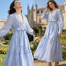 批发澳洲小众2026春夏走秀款灯笼袖钉珠收腰系带超大裙摆<b class='q'>连衣裙</b>长裙女