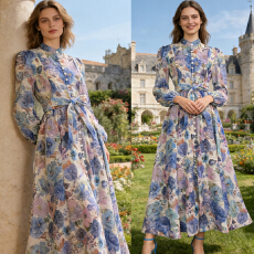 批发澳洲新款印花重工钉钻收腰系带大摆型丝麻长款<b class='q'>连衣裙</b>配吊带两件套