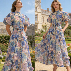 批发欧美法式优雅重工钉花朵吊饰单排扣大裙摆<b class='q'>连衣裙</b>夏日<b class='q'>泡泡袖</b>长裙女