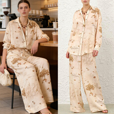 批发澳洲2026春夏新款地图印花<b class='q'>真丝</b>上衣衬衫长裤两件套女士长裤套装