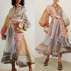 批发2026度假成衣新款REBELLION丝麻条纹图案中长款<b class='q'>连衣裙</b>撞色拼接长