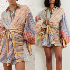 批发澳洲小众丝麻条纹拼接度假风翻领<b class='q'>灯笼</b>袖度假风连衣短裙系带收腰裙