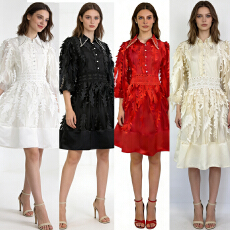 批发欧美复古宫廷风立体刺绣羽毛拼贴灯笼袖<b class='q'>连衣裙</b>蕾丝网纱<b class='q'>拼接</b>短裙