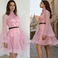 批发澳洲新款2026度假风成衣透视灯笼廓形<b class='q'>喇叭袖</b>迷你<b class='q'>连衣裙</b>短裙4色