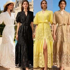 批发欧美宫廷风泡泡袖蕾丝镂空花朵收腰系带<b class='q'>连衣裙</b>肌理感优雅纯色<b class='q'>长裙</b>