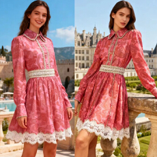 批发法式名媛气质重工蕾丝金色镶边翻领长袖衬衣高腰半身裙短裙套装