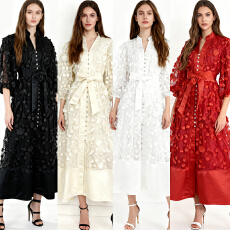 批发2026春夏新款重工立体花朵网纱拼贴泡泡袖优雅单排扣<b class='q'>连衣裙</b>大摆裙