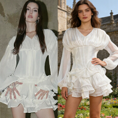 批发2026春夏新款修身显瘦廓形剪裁时尚性感辣妹荷叶边<b class='q'>连衣裙</b>仙女裙短