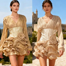 批发早春设计感优雅盐系显瘦V领立体花朵束腰灯笼长袖蛋糕<b class='q'>连衣裙</b>短裙