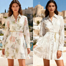 批发澳洲2026春夏新款翻领长袖浪漫温柔印花短款<b class='q'>连衣裙</b>衬衫裙+腰带