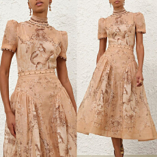 批发澳洲2026春夏重工钉珠丝麻美人鱼图案珠饰细节上衣高腰半身裙套<b class='q'>装</b>