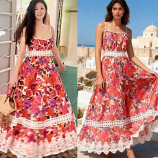 批发澳洲2026春夏修身显瘦印花流苏吊带长<b class='q'>连衣裙</b>重工蕾丝花边拼贴长裙