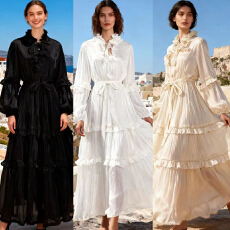 批发欧美风2026度假风花朵系带立领多层珍珠<b class='q'>荷叶边</b>大摆纯色长款<b class='q'>连衣裙</b>