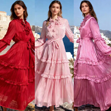 批发2026春夏新款复古宫廷风光泽质感花瓣领珍珠多层<b class='q'>荷叶边</b><b class='q'>连衣裙</b>长裙