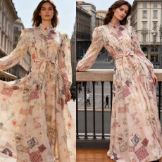 批发澳洲新款印花重工钉钻收腰系带大摆丝麻长款<b class='q'>连衣裙</b>配吊带两件套