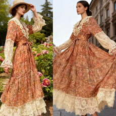 批发澳洲2026春夏<b class='q'>复古</b>印花高品质重工多层蕾丝V领系带宽松连衣裙<b class='q'>长裙</b>