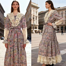 批发澳洲度假风<b class='q'>复古</b>印花重工蕾丝刺绣荷叶边宽松系带显瘦长款连衣裙