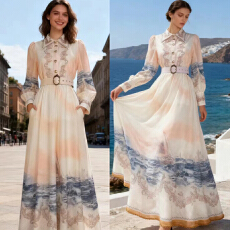 批发澳洲2026春夏新款<b class='q'>翻领</b>长袖印花拼接裙摆钉珠大摆<b class='q'>连衣裙</b>长裙配腰带